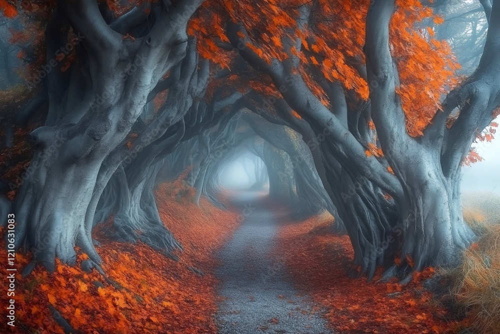 Poster foggy path winding through enchanting autumnal tunnel of trees