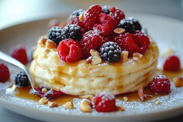 Delicious pancakes with raspberries, blackberries, almonds and syrup, enjoying a sweet breakfast
