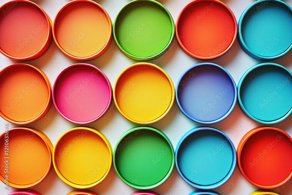 Poster vibrant circular patterns in rainbow gradient arranged in a neat grid on clean white background