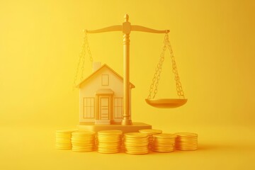 3D rendering of a simple house and golden coins balanced on a scale on a light background, symbolizing real estate transactions, mortgage investments, and financial lending. The scene illustrates the