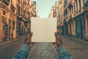 Open book held against a tranquil urban backdrop inviting creativity and exploration on a sunlit street