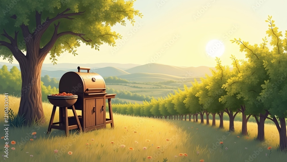 Poster the image is a digital illustration of a beautiful landscape with a large tree on the left side and 
