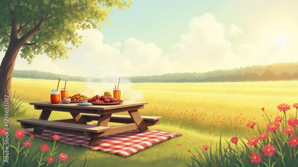 Poster the image is a digital illustration of a picnic in a field. the field is filled with tall grass and 
