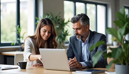 Focused Colleagues Sharing Ideas and Working on a Laptop in a Professional Setting