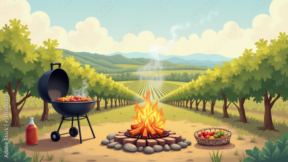 Poster the image shows a beautiful landscape of a vineyard with a large fire pit in the center. the fire pi