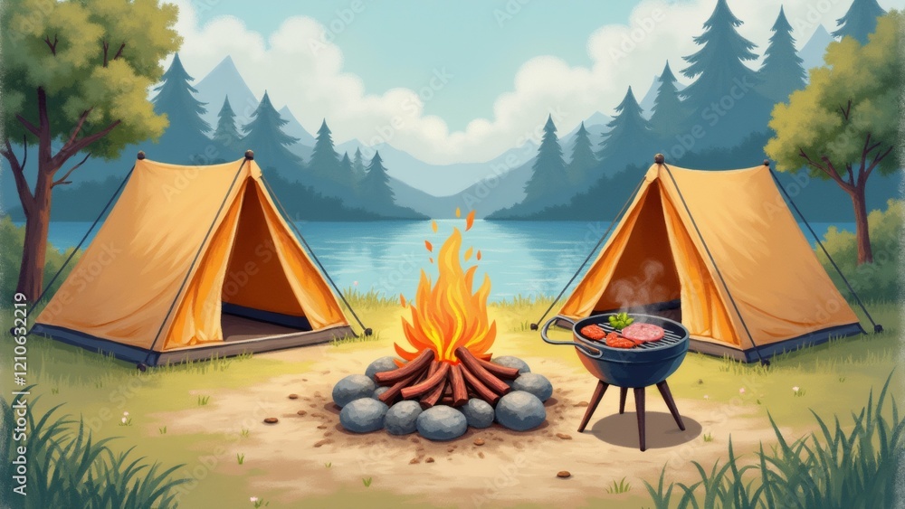Poster the image shows a camping scene with two orange tents set up on a grassy field next to a lake. the t