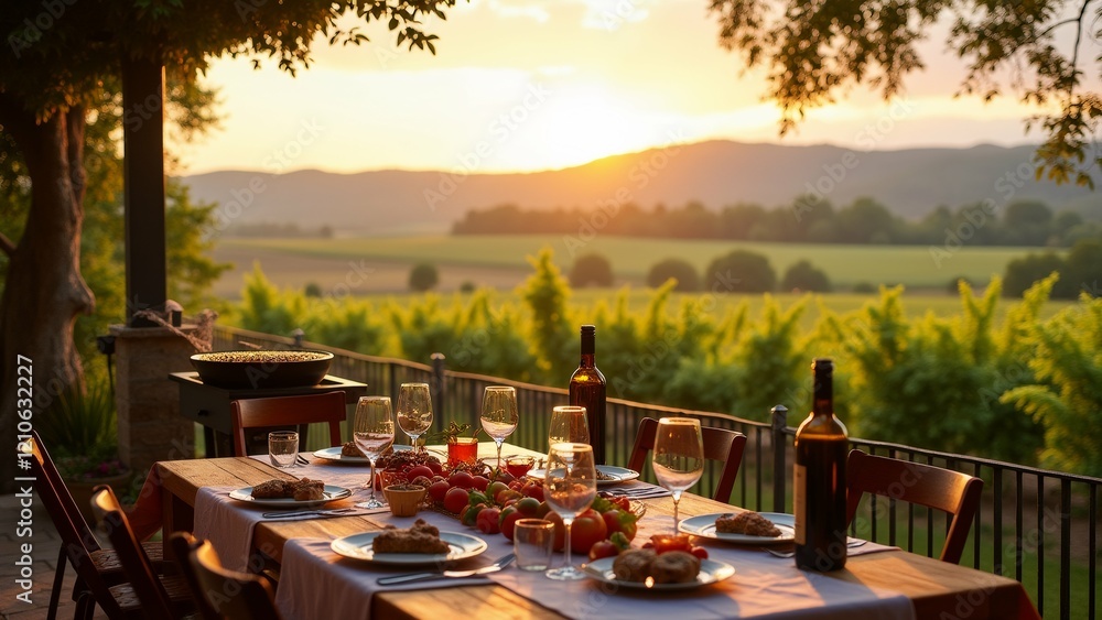 Poster the image shows a beautiful outdoor dining table set up on a patio with a stunning view of the count