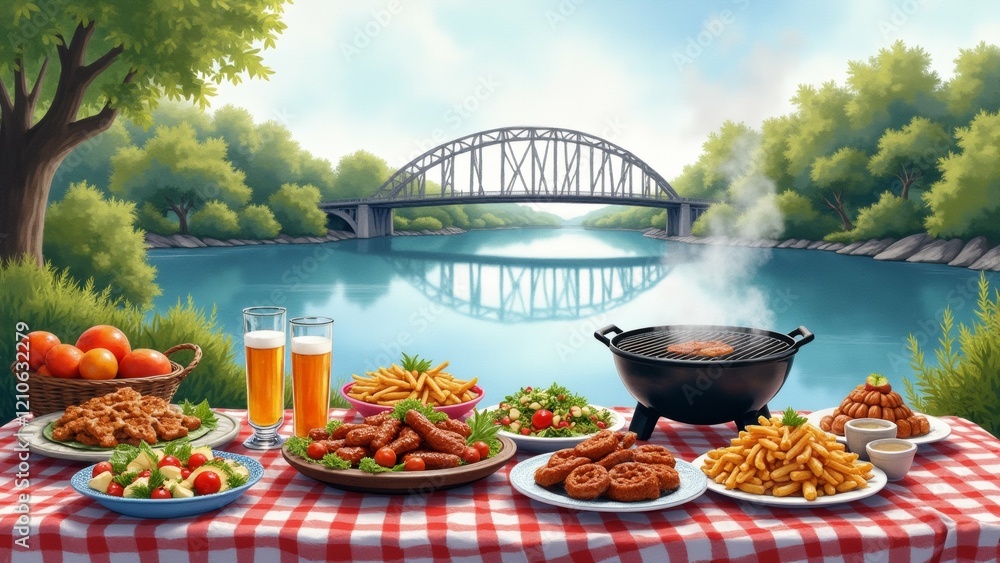Poster the image shows a table set up on a red and white checkered tablecloth with a view of a river and a 