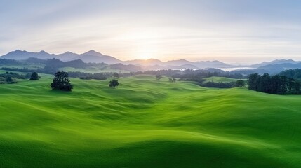 Fototapeta premium Rolling green hills stretch towards distant mountains under a soft sunrise sky in a peaceful rural landscape.