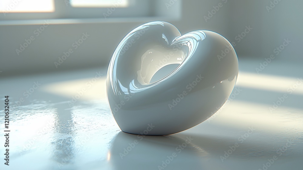 Poster smooth white heart-shaped object on reflective surface, illuminated by sunlight.