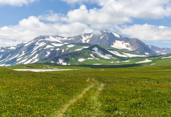 the beginning of the spring period in mountainous areas, remnants of snow cover and panoramic views...