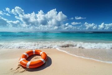 Obraz premium Orange lifebuoy resting on sandy beach with turquoise water and cloudy sky