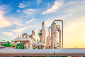 Geothermal energy. Pipelines of a plant at sunset in Larderello, Tuscany region, Italy