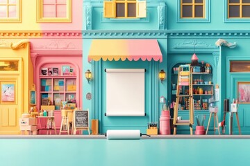 Fototapeta premium Vibrant urban art studio basking in colorful hues of pink and blue, showcasing creativity and imagination on a sunny afternoon