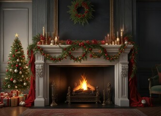 Fototapeta premium A velvet-draped Christmas Eve mantel adorned with garlands and ornaments, inviting ambiance, festive garland, velvet drapes