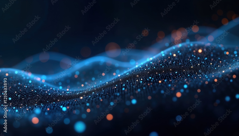 Poster abstract digital wave design in blue, orange. dynamic futuristic pattern. fluid lines, shimmering pa