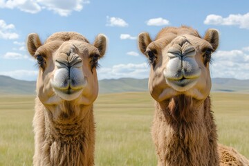 Obraz premium Two bactrian camels posing in the mongolian steppe