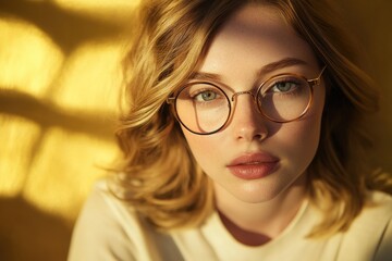Obraz premium Close-up portrait of a woman wearing glasses, looking directly at the camera