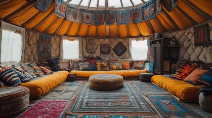 Traditional kyrgyz yurt interior with colorful rugs and pillows
