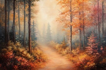 Obraz premium Autumn pathway through a colorful forest with misty surroundings