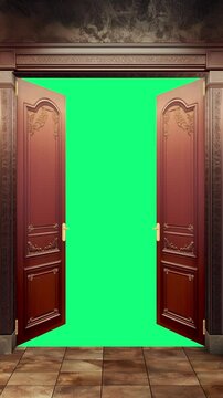 Luxury classic door opening to the background - vertical 3d animation with green chroma key