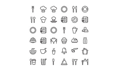 Restaurant and Food Service Line Icons Chef Hats, Utensils, Menus, Plates, and Dining Elements