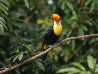 Obraz premium A vibrant toucan perched gracefully on a lush branch in the wild, wildlife, exotic