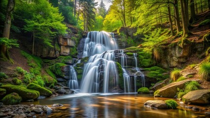 Obraz premium A waterfall cascades down a rocky slope in the heart of a serene forest, forest, waterfall, water, stream, trees