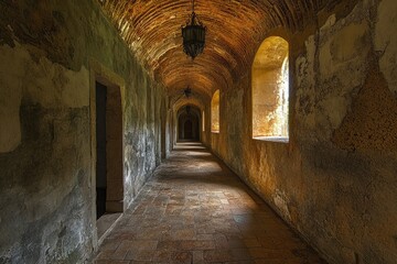 Fototapeta premium Medieval Castle Hallway Illuminated by Natural Light, Showcasing Ribbed Vaulted Ceilings in Tomar, Portugal