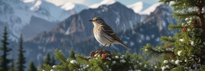 Fototapeta premium A water pipit sings from the top of a tall coniferous tree with snow-capped peaks in the background, sky, tree, mountains