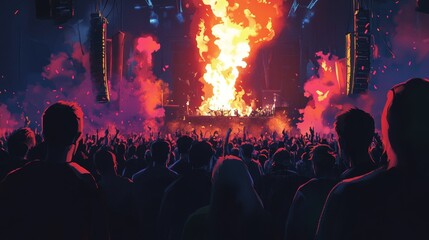 Co2 flame and silhouette of crowd at a music festival in front of bright stage lights