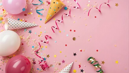 A whimsical party scene on a pink background featuring a confetti explosion amidst balloons, streamers, and festive decorations, balloons, holiday, pink, streamers, decor