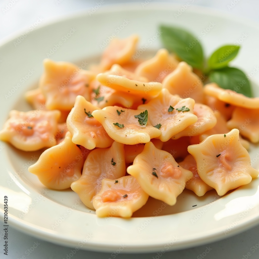 Poster the image shows a plate of ravioli on a white plate. the raviolis are orange in color and have a smo