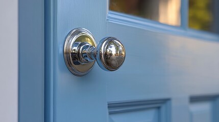 Close-up view of a shiny door knob on a blue painted door highlighting intricate details