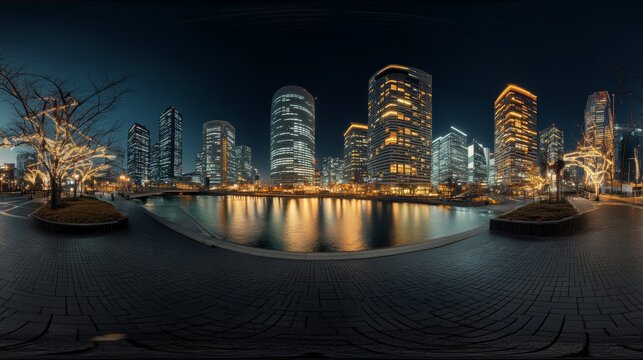 Fototapeta HDRI, Environment map, Equirectangular projection, Spherical panorama. Night city 3D rendering
