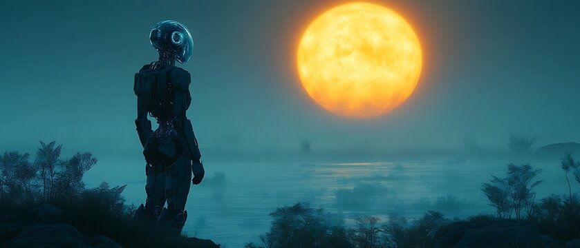 Robot silhouetted against a large orange moon and misty alien landscape.