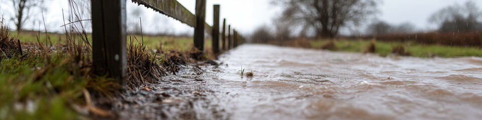 Floodwaters Overtopping Fence Line in Field