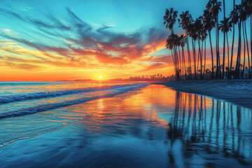 Vibrant sunset casts warm hues over a calm beach with silhouetted palm trees reflecting on gentle ocean waves