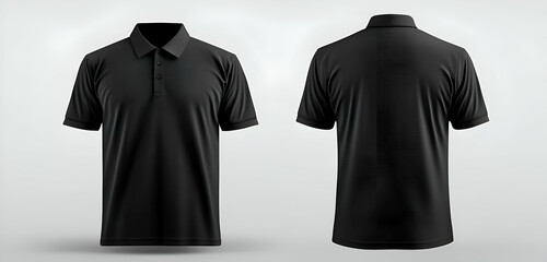 A plain black polo shirt mockup shown in both front and rear views, ideal for apparel brands or personalized clothing designs.