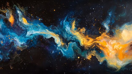 Fototapeta premium Speed of light in space on dark background. Abstract background in blue, yellow and orange neon colors. 3D rendering.