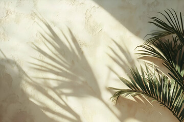 A plaster wall backdrop with a palm shadow for a clean, minimalist look, ideal for creative product placements.