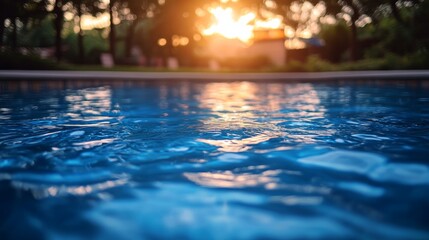 Sunlight reflects on the tranquil water surface of a swimming pool surrounded by greenery