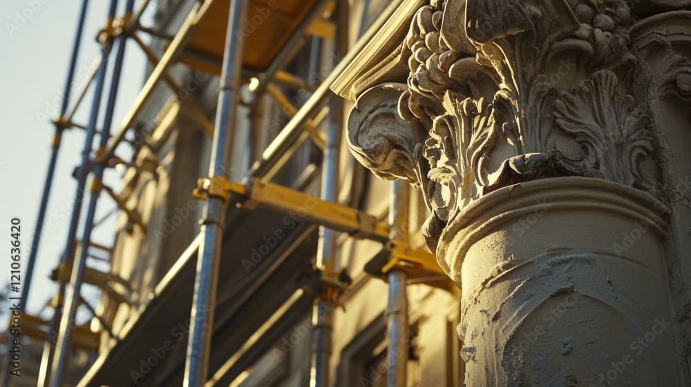 Poster close-up of a building under construction with scaffolding, useful for architecture or construction 