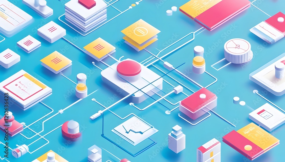 Poster a colorful digital network illustration featuring various icons, buttons, and graphics representing 