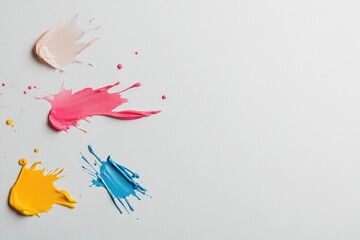 Obraz premium top-down view of vibrant multicolored watercolor splashes blending seamlessly on smooth white background