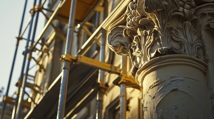 Fototapeta premium Close-up of a building under construction with scaffolding, useful for architecture or construction projects