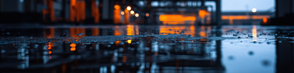 Fototapeta premium Wet Ground Reflection of Dusk City Lights