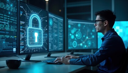 Man works at computer. Tech expert monitoring network. Cybersecurity expert. Futuristic lab with multiple monitors displaying digital information. Security system visualization, data metrics visible.