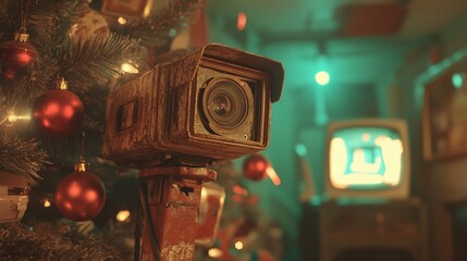 A Christmas Tree Security Camera Decorated with Ornament Lights - Perfect for Holiday Monitoring