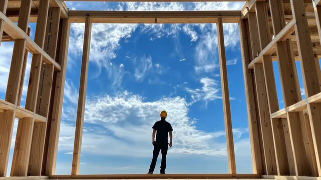 A construction worker is positioned in a framed opening of a wooden structure, gazing up at a beautiful blue sky with scattered clouds. The sun shines brightly, creating a hopeful mood.